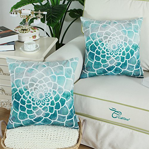 Pack Of 2 Calitime Cozy Fleece Throw Pillow Cases Covers For Couch Bed Sofa Manual Hand Painted Print Colorful Dahlia Compass 18 X 18 Inches Teal #TOP1