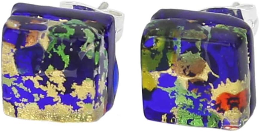 Glass of Venice Murano Glass Earrings With Italian Lampworked Beads - Multicolor Square Stud Handmade Blown Glass Earrings for Women