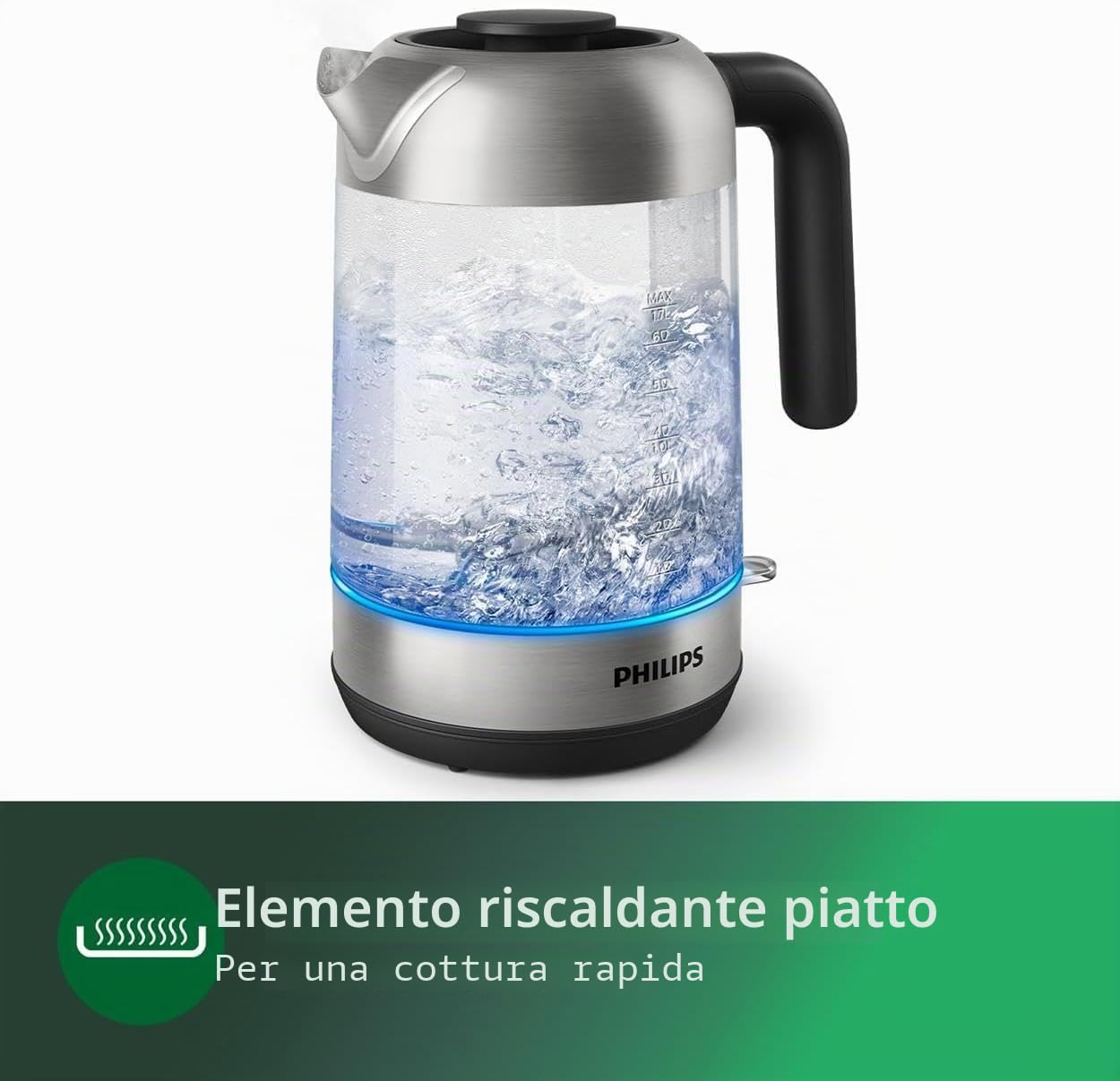 Philips Bollitore Elettrico 5000, 1,7 L, Ebollizione rapida, in Vetro | Bollitore acqua elettrico con base girevole 360°, Protezione anti-secco, filtro micro-trama, acqua sempre pulita (HD9339/80)