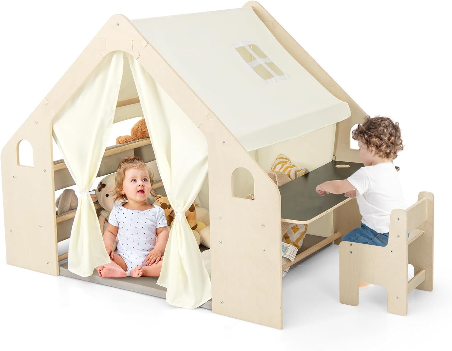 RELAX4LIFE 6 en 1 Tienda de Campaña Infantil con Estructura Madera, Mesa de Doble Cara, Silla, Pizarra, Alfombra y 6 Cajas, Parque Infantil Bebe con 2 Puertas y Ventana, Casita Infantil