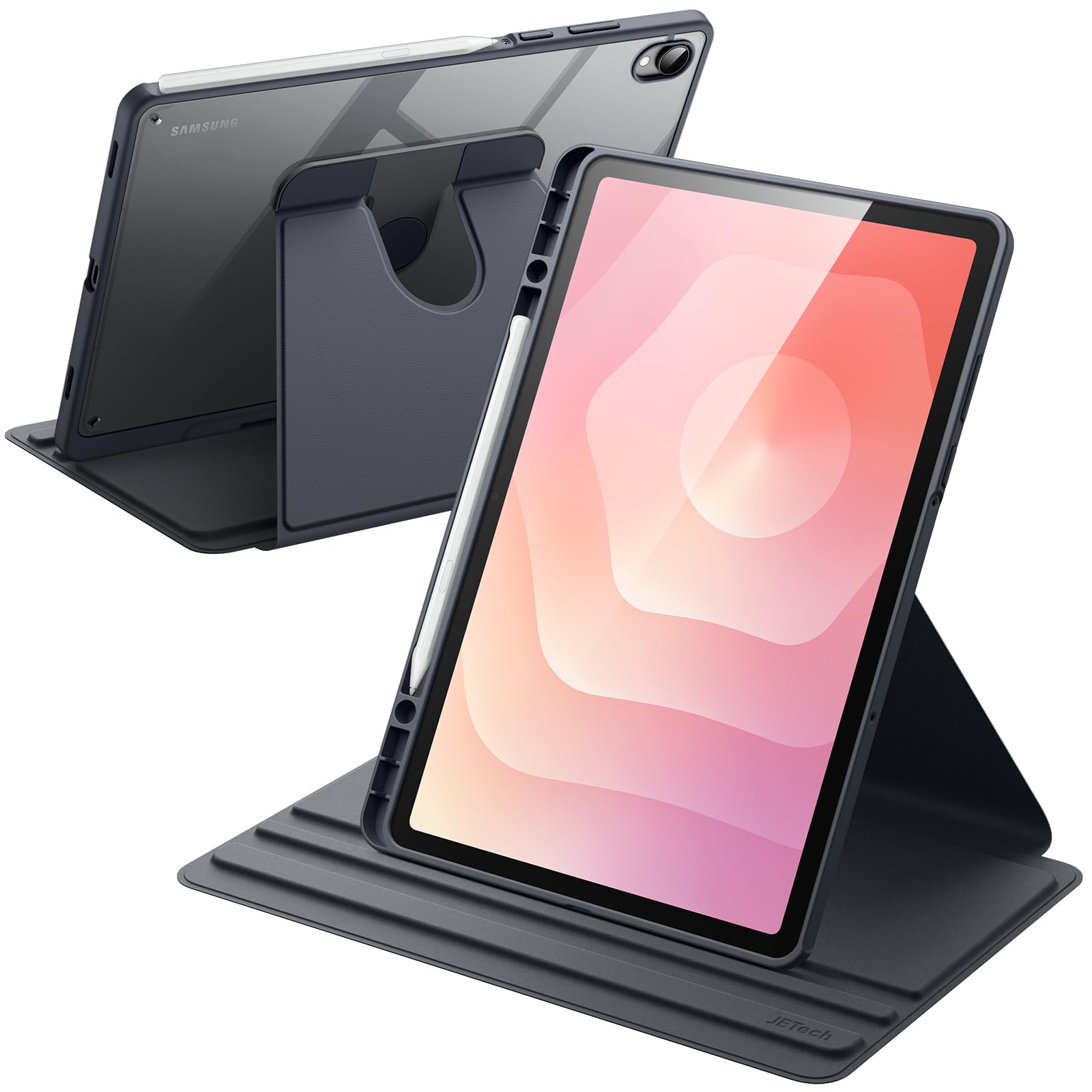 JETech Rotierende Hülle für Samsung Galaxy Tab S11 mit S Pen Halter, 360 Grad Drehbare Schutzhülle Ständer Klare Rückseite, Auto Wachen/Schlafen (Grau)