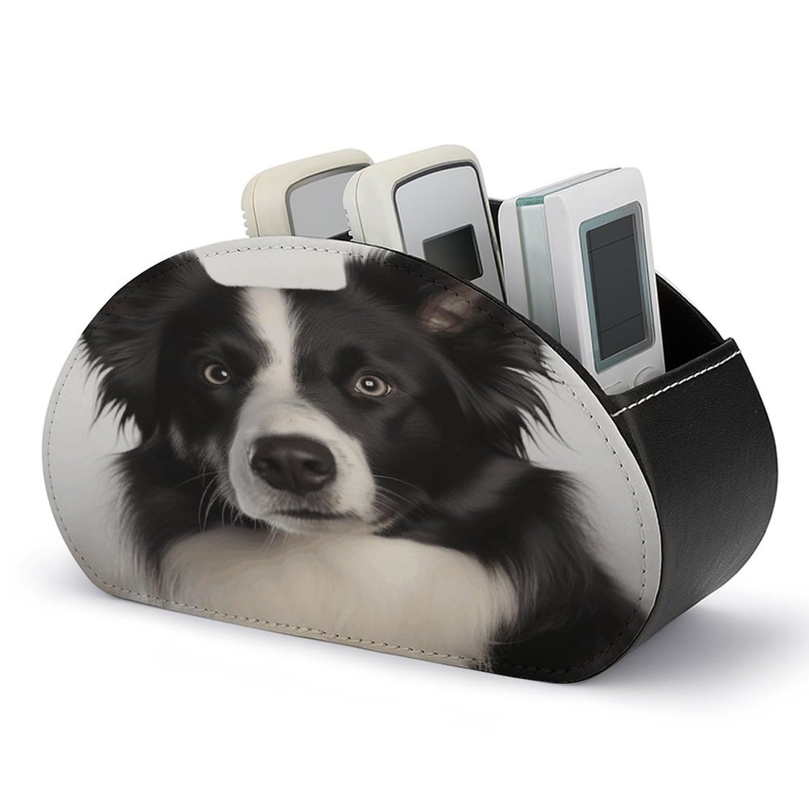 LZQPOEAS Border Collie Remote Control Holder with 5 Compartments PU Leather Remote Organizer Box Caddy for Table Nightstand Remote Caddy Desktop Organizer Fits Media Controllers