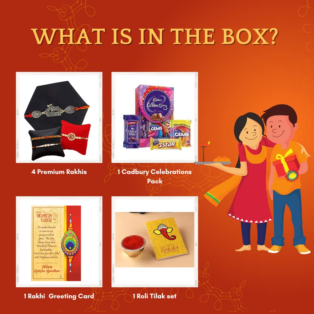 Cadbury Celebration Rakhi Combo with Chocolates Gift for Brother and bhabhi Kids / 4 Combo Rakhi Set with Chocolate Cadbury Celebration Pack Hamper / Rakhis Cadbury Set / Raksha bandhan Gifts Lumba Rakhi Greeting Card