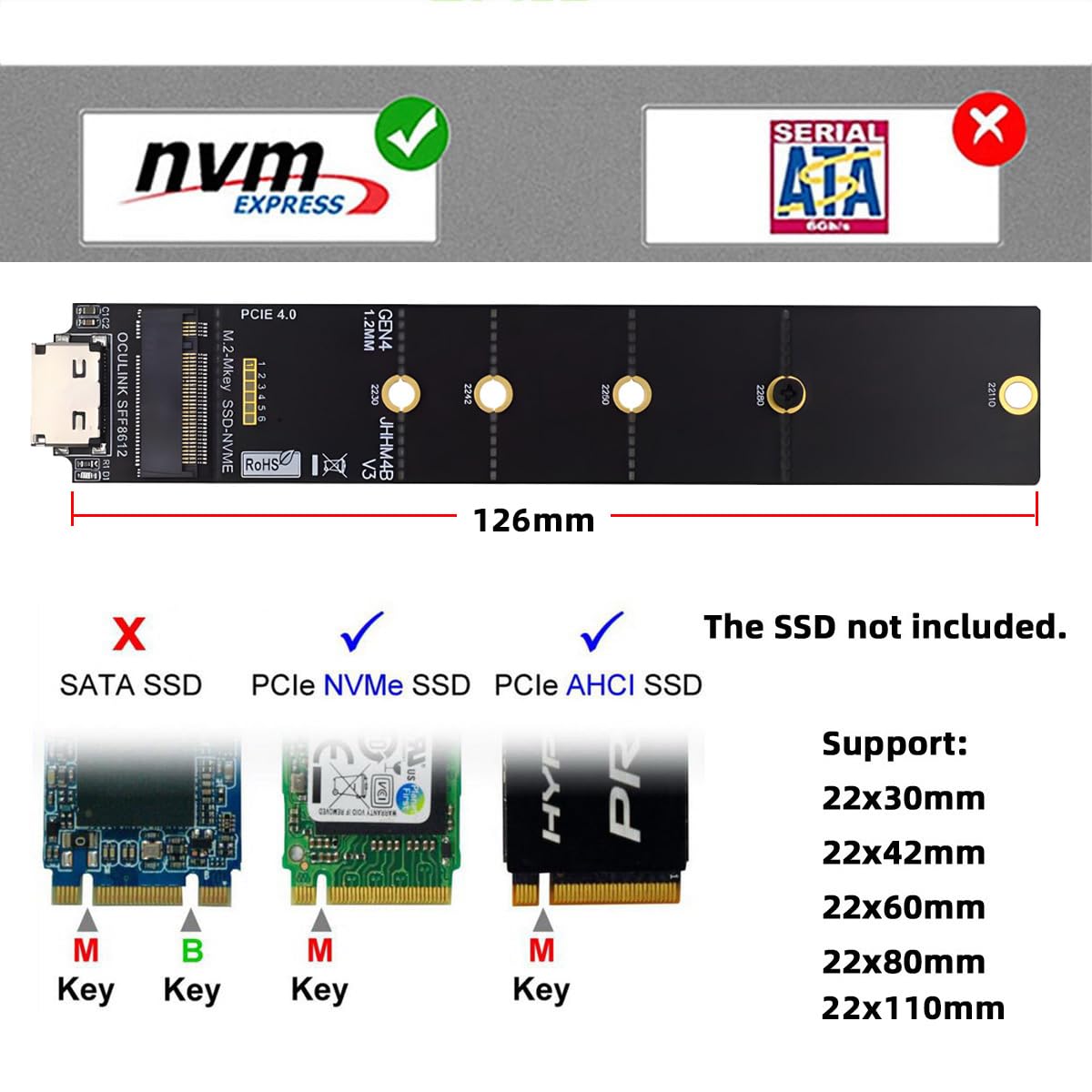 Oculink SFF-8612 SFF-8611 do M.2 NGFF M-Key do NVME PCIe SSD 2230 2280 22110 SSD PCBA Adapter do płyty głównej