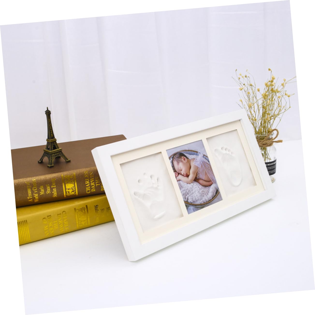 BESTonZON Cornice Nascita per Impronte Mani e Piedi, in Legno Bianco, Tampone Bianco, per Ricordo Bebè e Decorazione Camera da Riposo