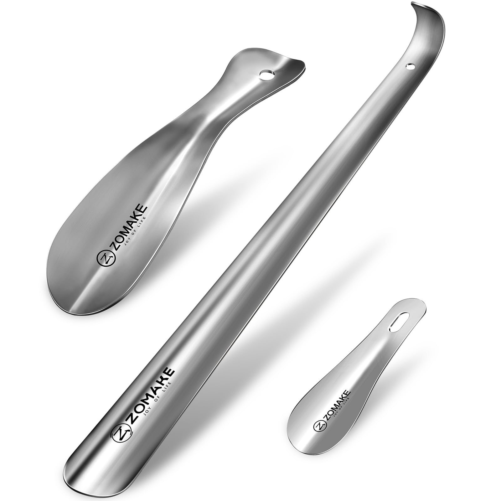 ZOMAKEMetal Shoe Horn 3 Pieces, Shoehorn Long Handle 42 CM Stainless Steel Travel Shoes Helper Stick 19 CM Small Mini Shoe Lifter Spoon 10 CM for Men Women Seniors Kids