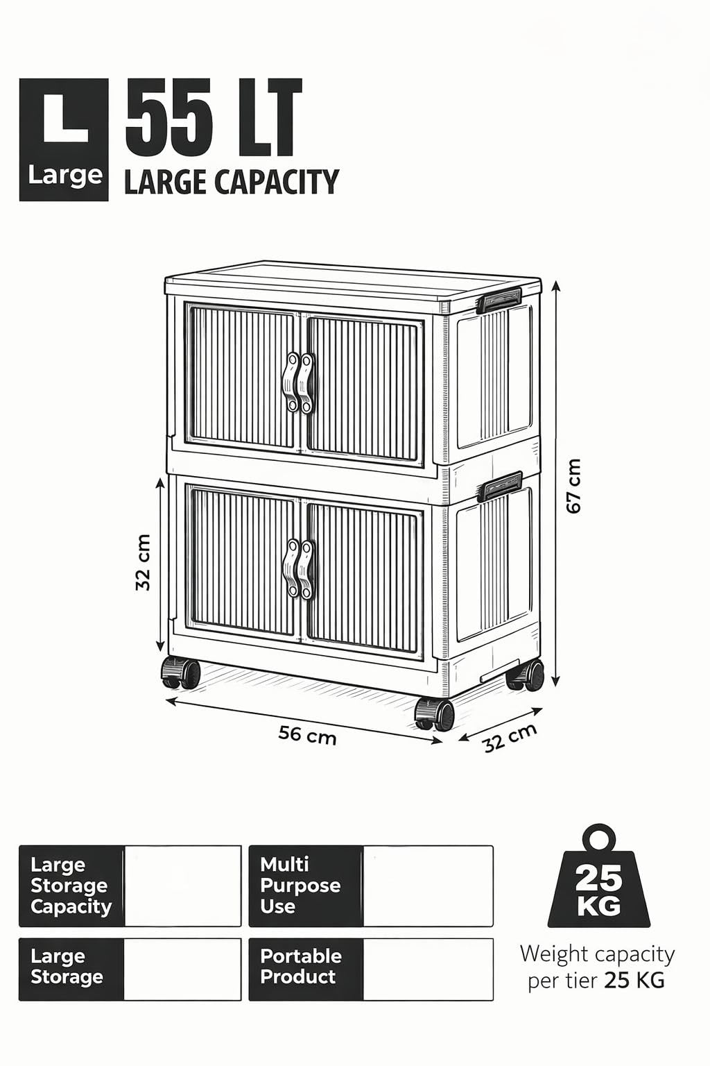 Hanah Home Mehrzweckschrank, Hellblau, 32 x 67 x 56 cm | 100% Kunststoff, 23 cm Regalhöhe | Ideal für Aufbewahrung und Organisation zu Hause