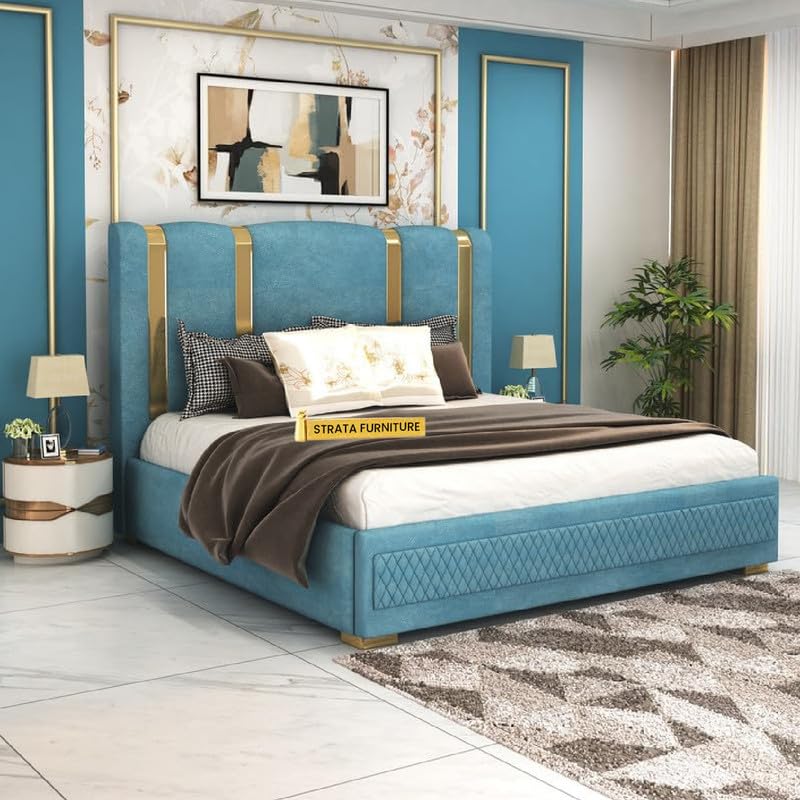Image of STRATA FURNITURE Solid Wood King Size Bed with Box Storage and Upholstered Headboard | Modern Wooden Double Bed Cot Palang Furniture for Bedroom, Hotels, Living Room, and Home (Blue)