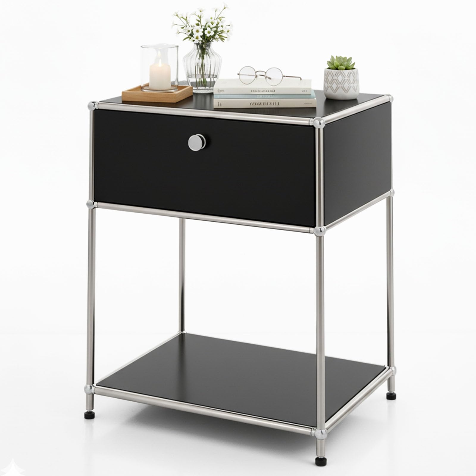 Floordirekt Concept Epure MK-139 Metal Shelf, Side Table, Black, Chrome, 63 H x 50 W x 40 D cm, Modular Plug-In System in Modern Design, Metal Shelf for Living Room, Office, Hallway, Bedside Table
