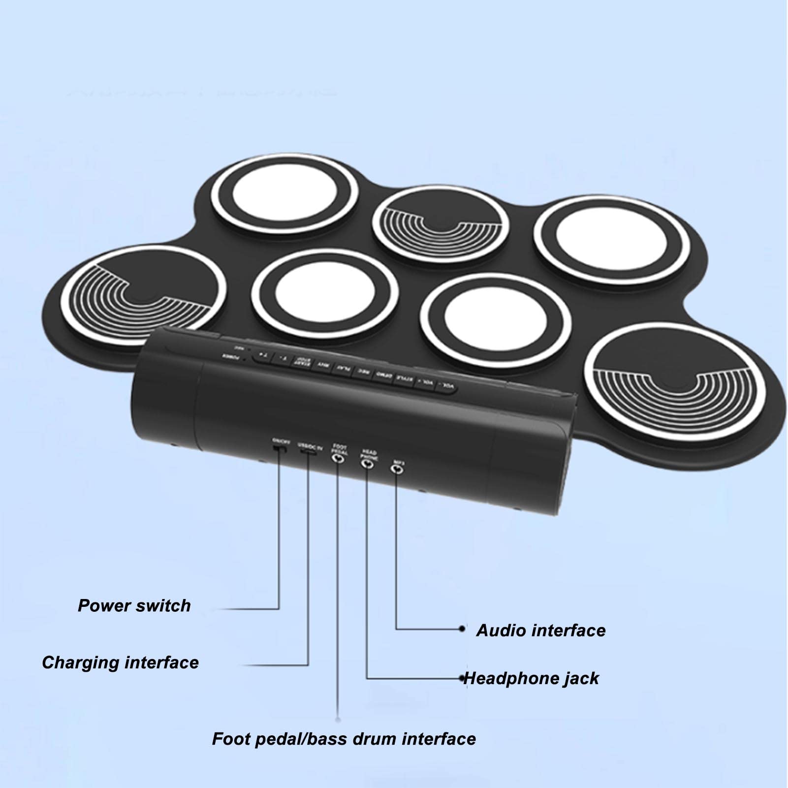 Elektroniczny Zestaw Perkusyjny, Zwijany Cyfrowy Podkład Muzyczny, 7 Podkładek Podwójne Głośniki Stereo Surround Sound Przenośny Zwijany Pad do ćwiczeń Perkusyjnych