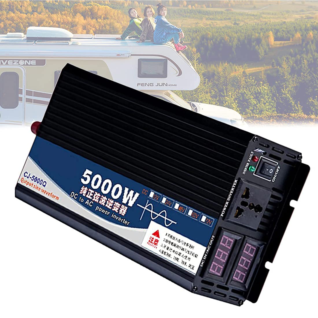RajoNN Inversor de Corriente 3000W 4000W 5000W Inversor de Onda Sinusoidal Pura DC 12v 24v 48v 60v a AC 110v-220v con Salidas de CA y Pantalla LCD Adecuado para Acampar,5000W-12V