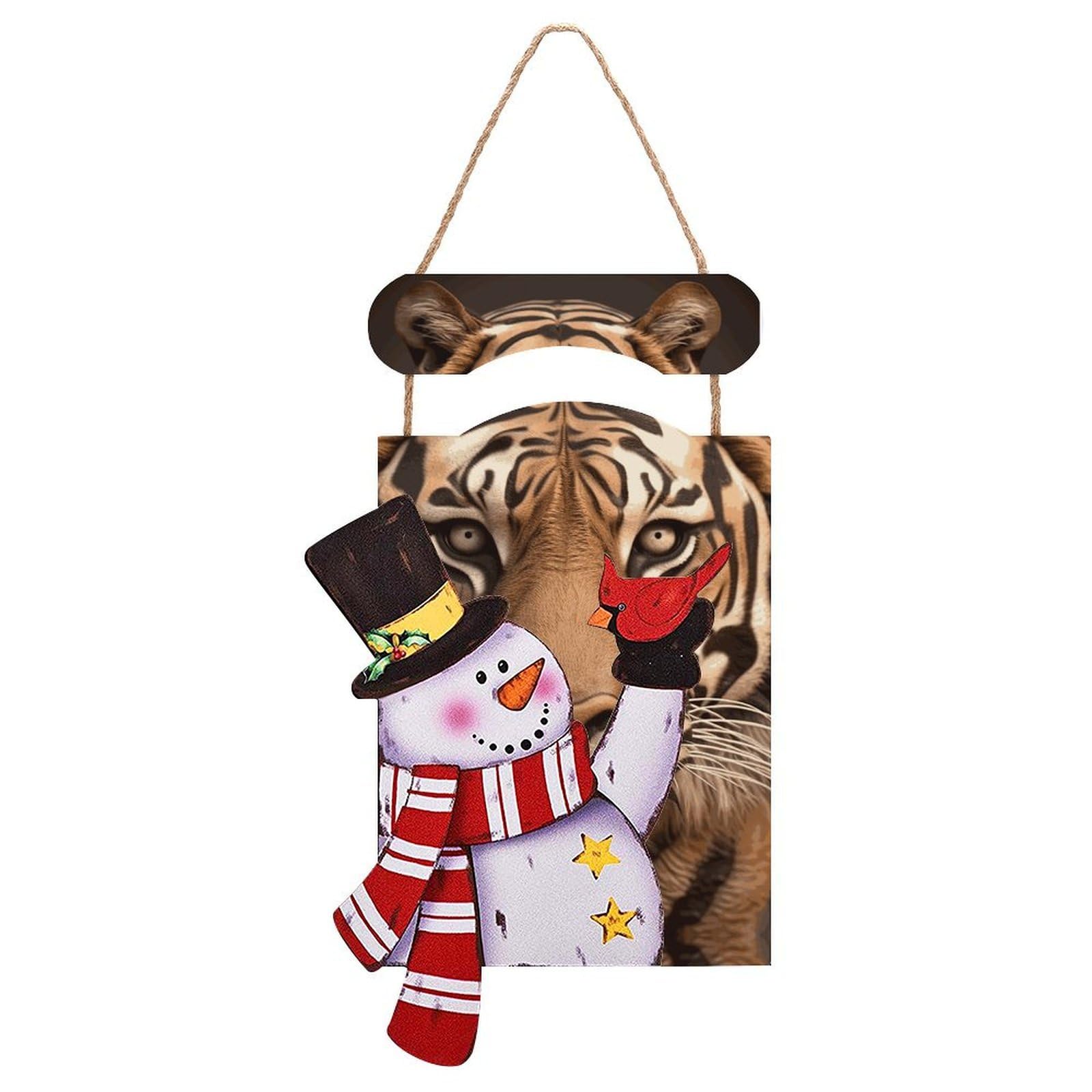 Tiger Head Snowman Sign Wooden Hanging Door Sign Christmas Door Decor Christmas Snowman Wooden Hanging Sign Wall Art for Indoor Outdoor Porch Wall