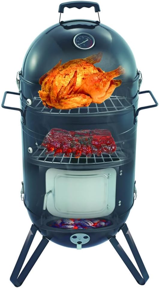 Premium Smoker Bbq Grill 14 Inch Diameter Charcoal Meat Smoker for Outdoor Barbecues & Smokers, Long Burn High Capacity Design with Dual Cooking Racks, Hanging Hooks and Weather Proof Cover