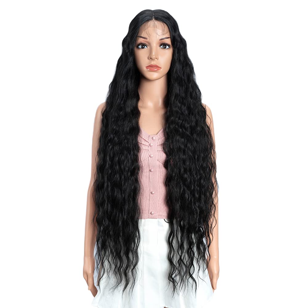Joedir Lace Front Wigs 38" Super Long Wavy Synthetic Wig 4.5" Deep Part HD Transparent Lace With Baby Hair For Women 130% Density Wigs(Black Color)