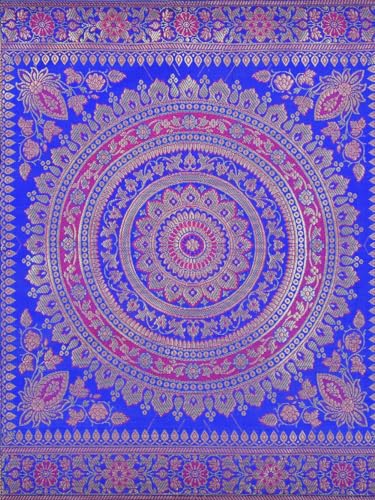 Image of Diwali Decor Brocade Jacquard Silk Table Runner Long Runner for Dinning & Centre Table Mandala Print 72 x 16 Inches (Royal Blue)
