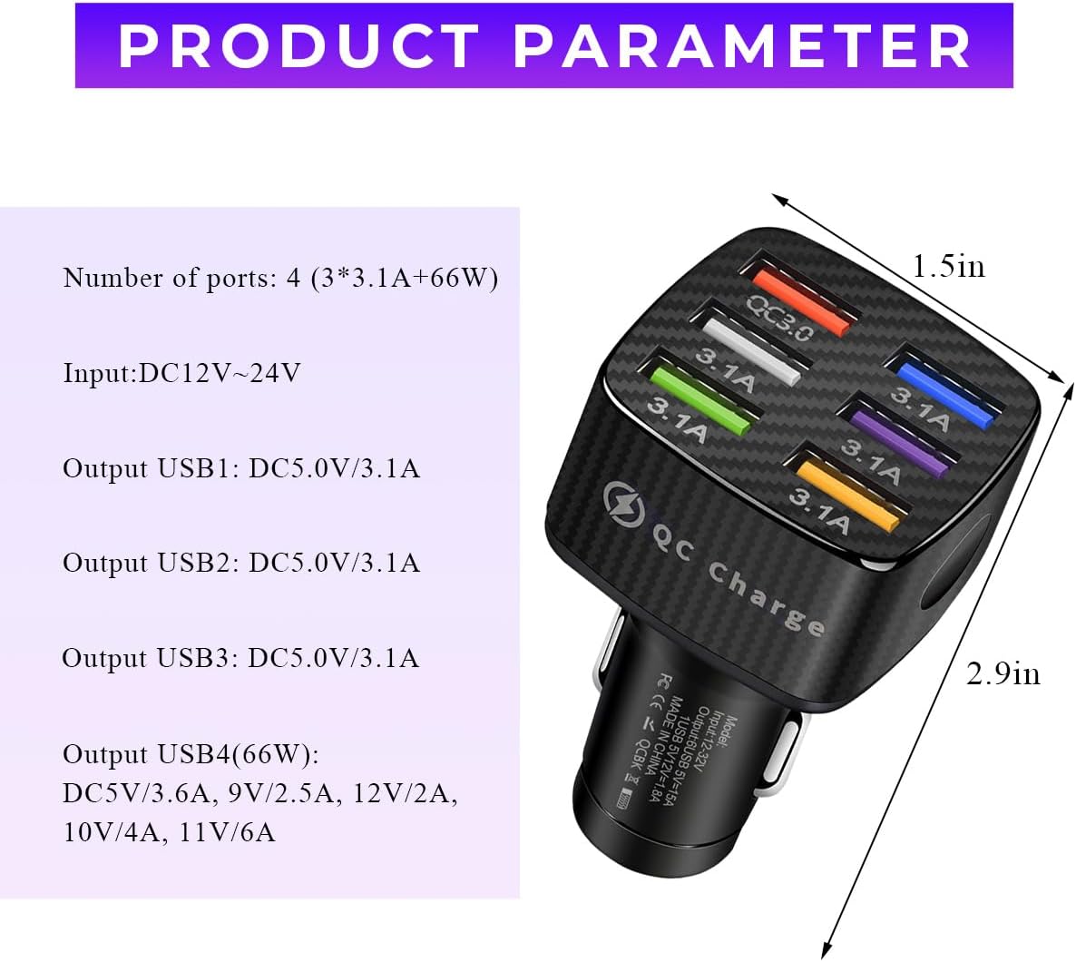 Wevdn Car Charger Adapter, 6 USB Multi Port Fast Charging Cigarette Lighter Charger Adapter, Car Fast Charger Include QC 3.0 and 5 Other Ports for Most Cell Phones, Car Accessories (Black)