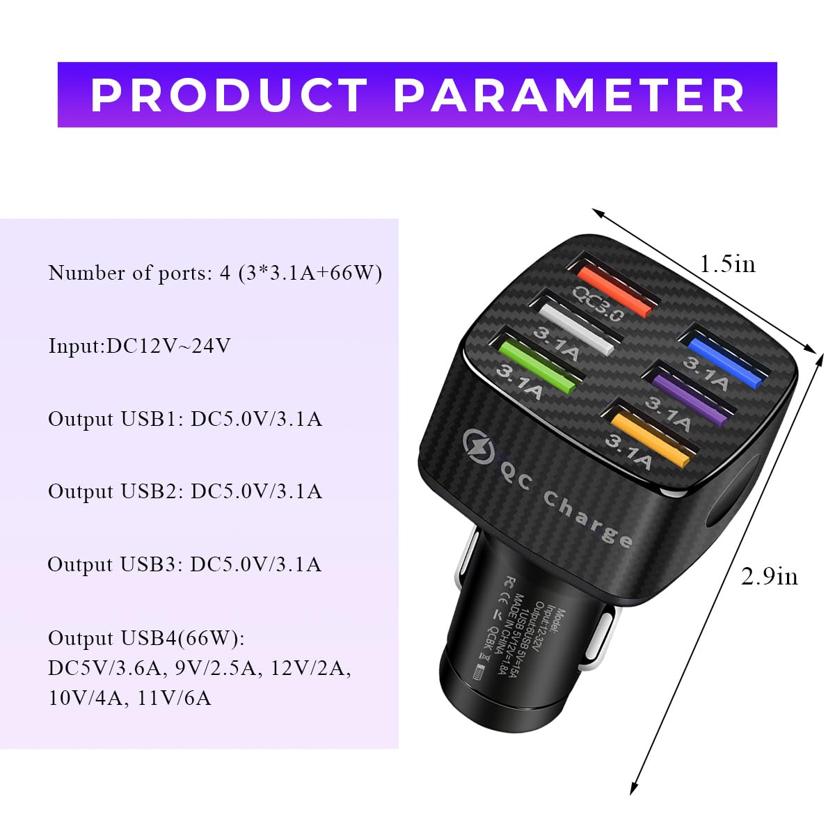 Wevdn Adattatore per caricabatterie da auto, 6 porte USB multi porta per ricarica rapida accendisigari, caricabatterie rapido per auto, include QC 3.0 e 5 altre porte per la maggior parte dei telefoni