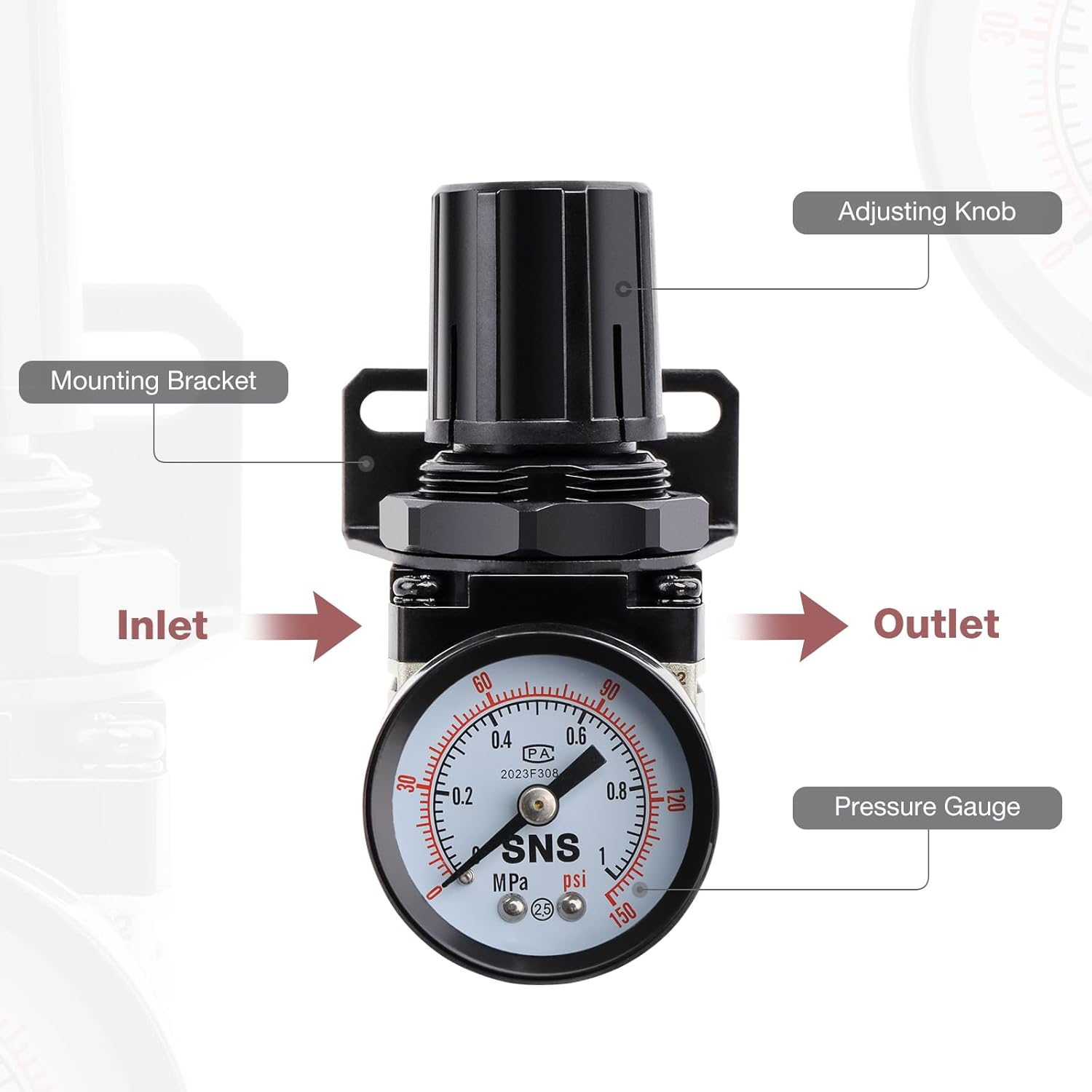 SNS Air Compressor Pressure Regulator With Bracket and Gauge Female Thread 1/4 NPT 0-150 PSI Adjustable AR2000-N02