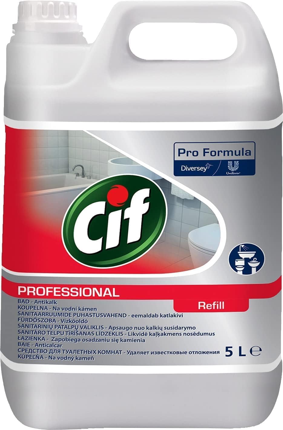 Cif Pro Formula Badreiniger 2in1 Reiniger und Entkalker, auch für verchromte Oberflächen, Kunststoffe mit Keramik, 5 L