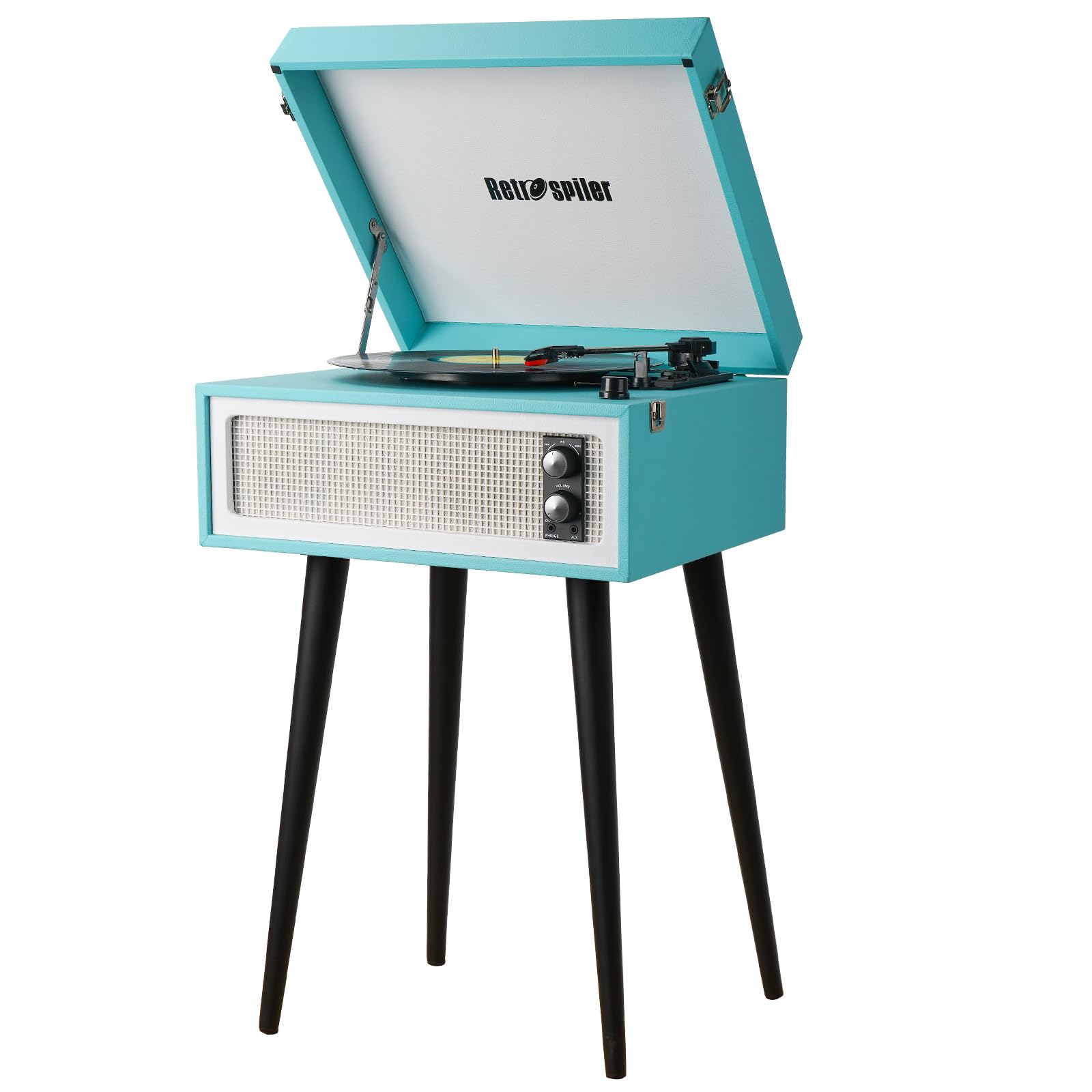 Tourne-disque Bluetooth avec haut-parleurs USB et pieds amovibles pour musicians en voyage Bleu