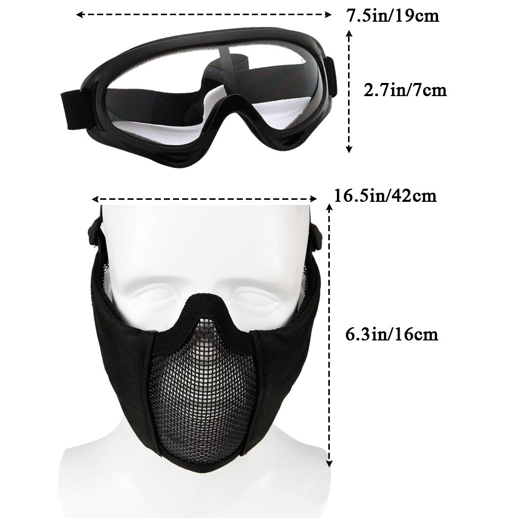 Set di maschera e occhiali per softair, maschera a mezza faccia in rete metallica con protezione per le orecchie, occhiali anti UV, protezione per gli occhi per caccia all'aperto e giochi CS