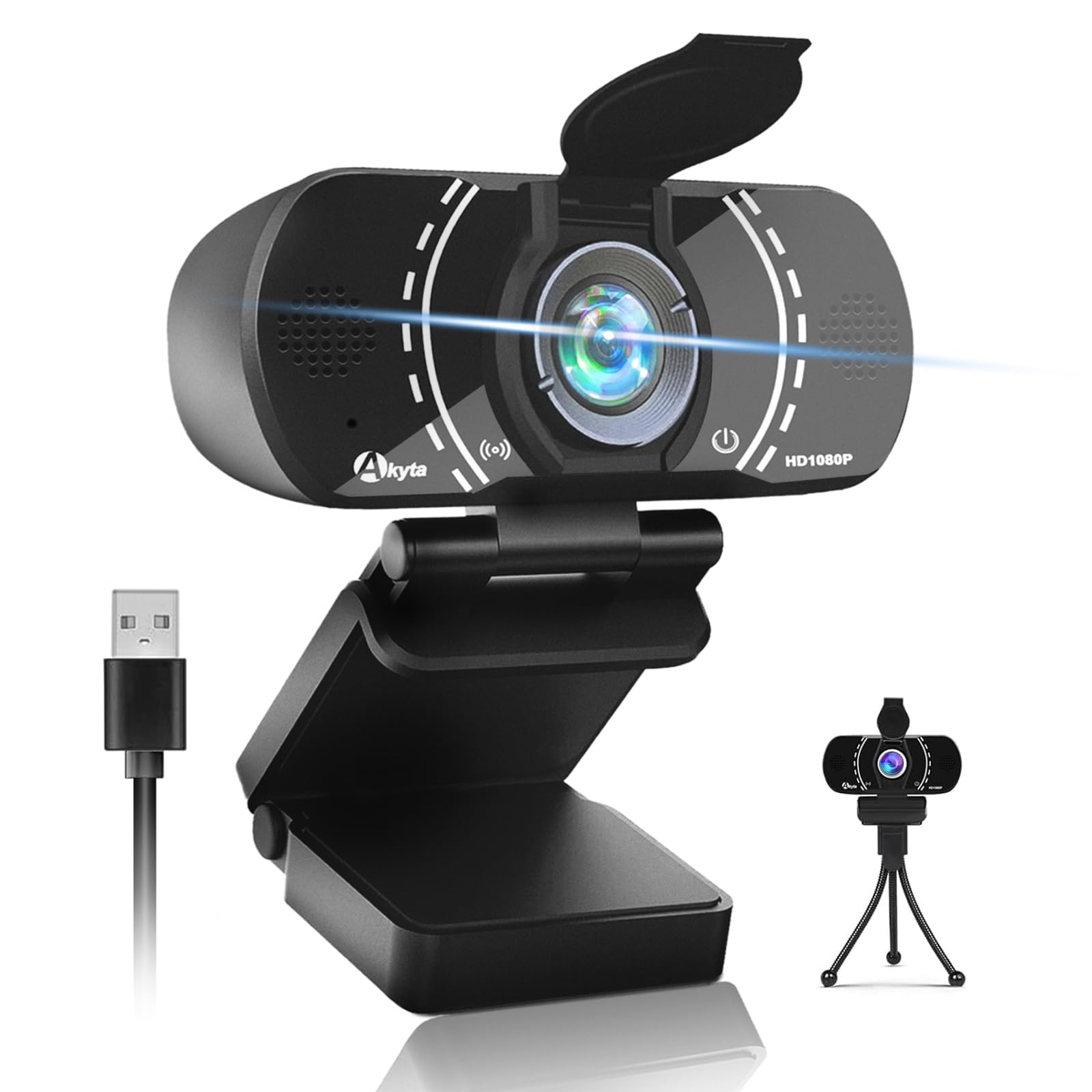 Akyta Webcam for PC, 1080P Webcam with Microphone/Tripod/Privacy Cover/Wide Angle 110°, USB Web Camera for Laptop Desktop Computer & Video Calling/Streaming/Zoom Conference/Video Calling
