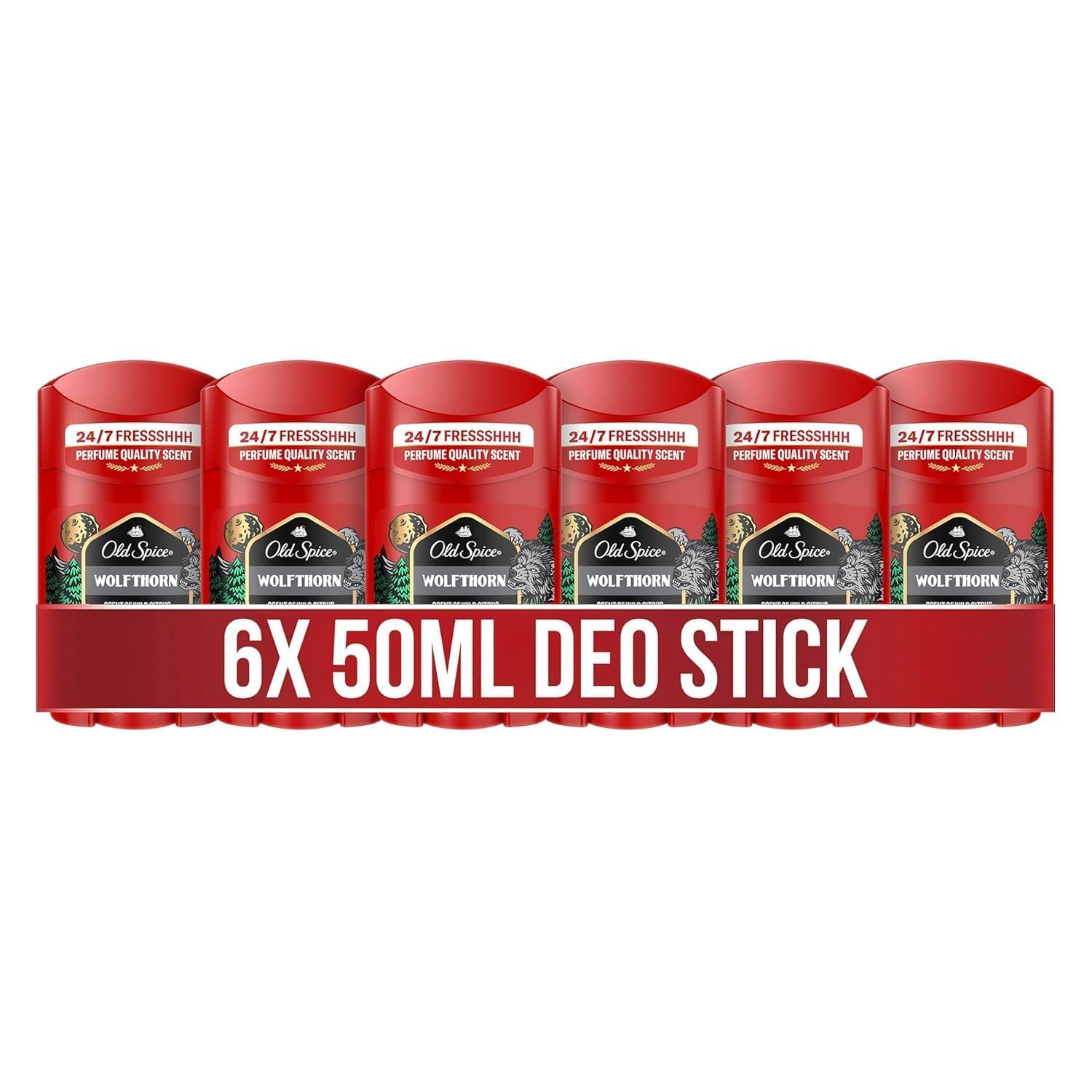 Old Spice Wolfthorn Deostick für Männer, 6x50 ml, 24/7 Frisch bei täglicher Anwendung, langanhaltender Duft in Parfumqualität, Schutz vor Gerüchen, Ohne Aluminiumsalze, unsichtbar auf Schwarz und Weiß