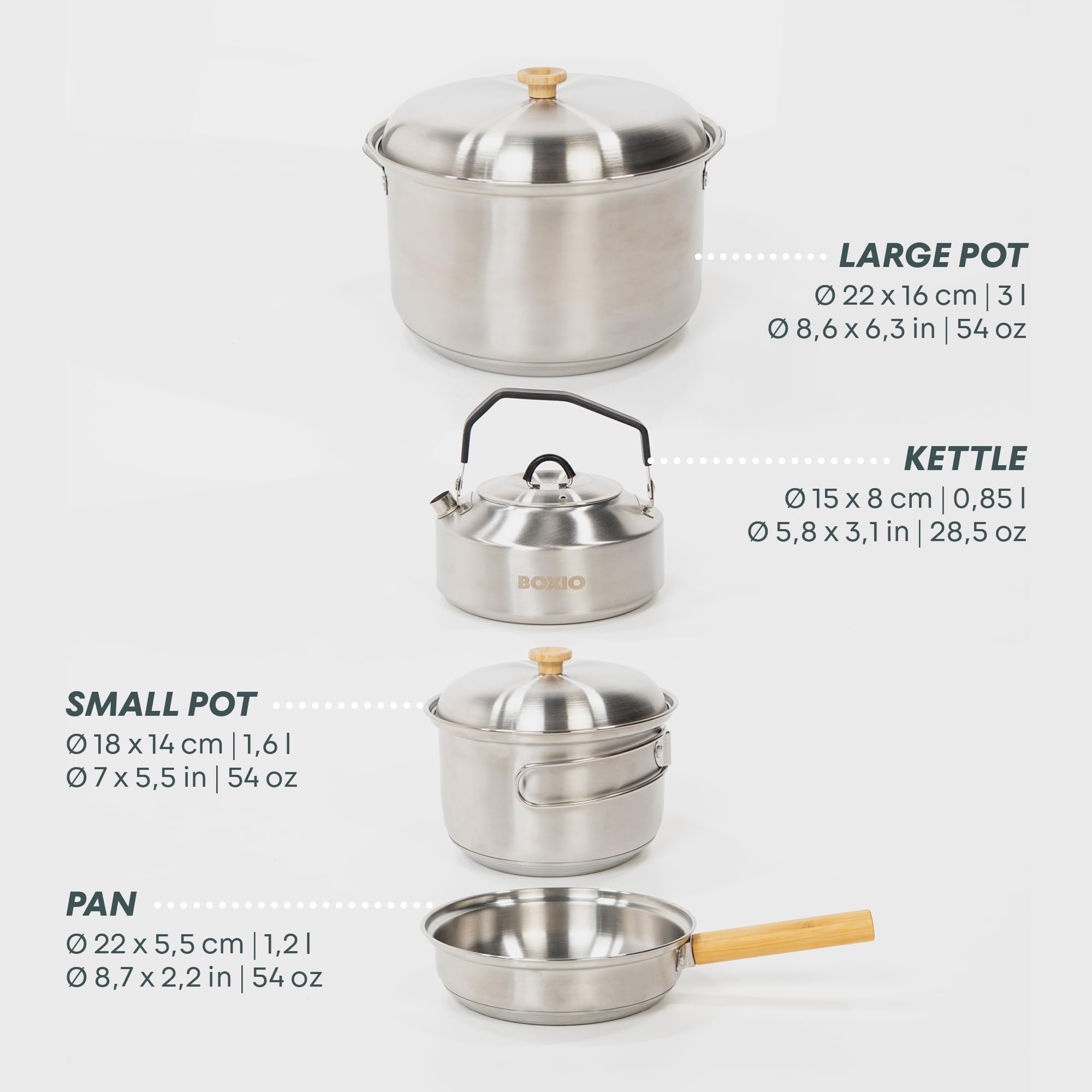 BOXIO - Cookware : poêle de camping et casseroles en acier inoxydable Vaisselle de camping avec poêle, bouilloire et casseroles idéales pour la cuisine de camping, le réchaud à gaz ou le réchaud de