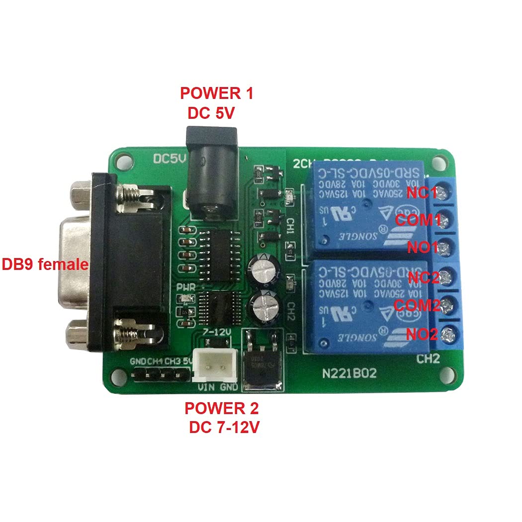 Fuqview of Eletechsup 2-Channel RS232 Relay Board components