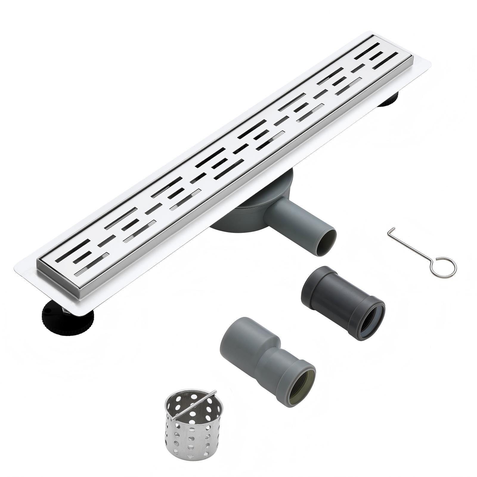 KEOKBON 304 Stainless Steel Linear Shower Drain 600mm Efficient Water Drainage, Easy to Install, Wide Compatibility, Drain Adapters DN50 DN40 for Bathroom， Pool, Shower Room