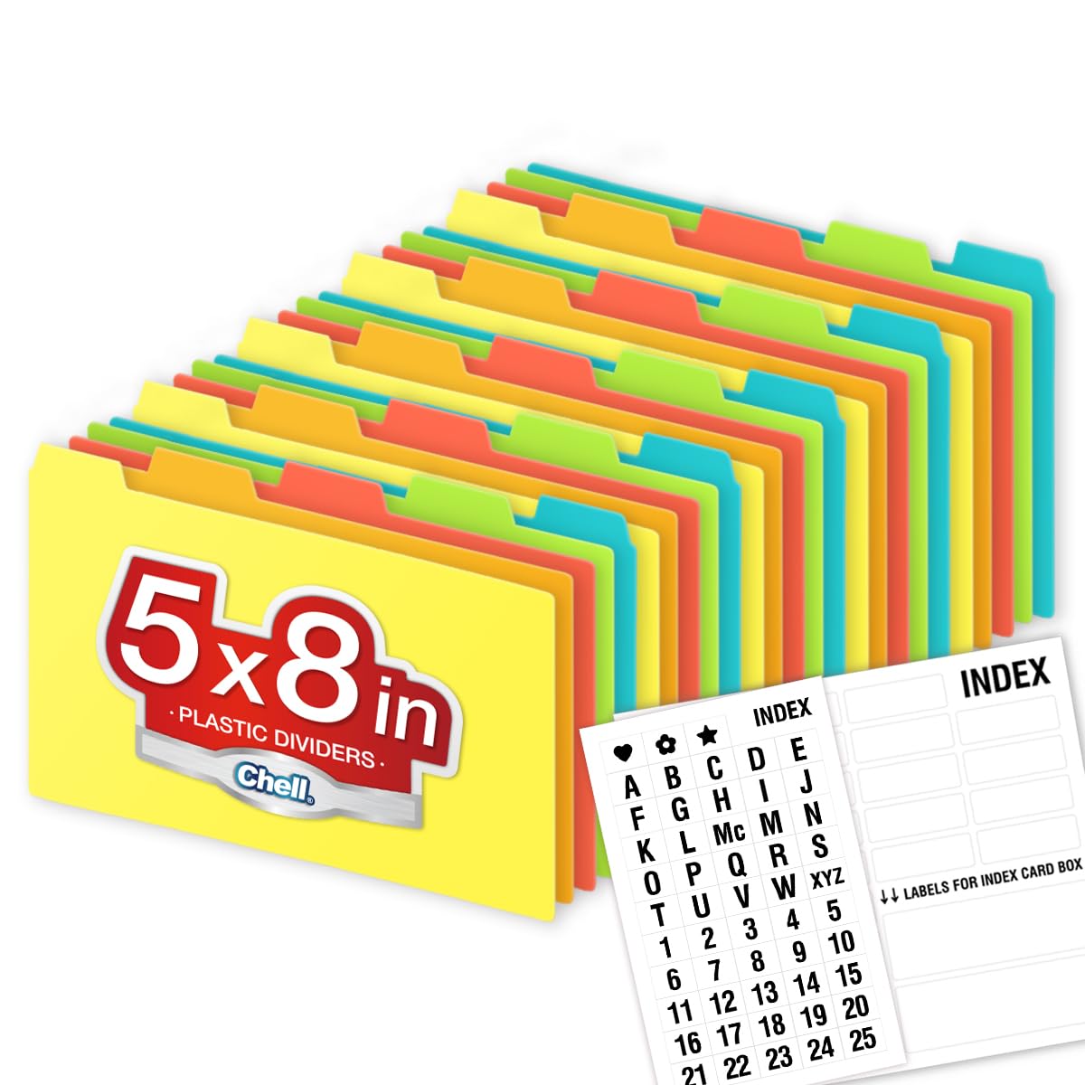 Chell 5"x8" Plastic Index Card Dividers, Primary Colors, 25 Pack