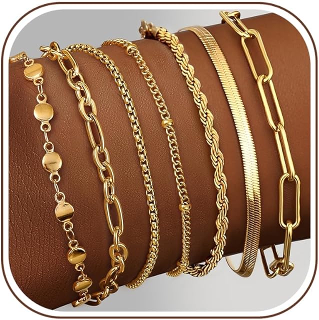 Thunaraz Bracelets en or pour femmes imperméables,14K Bracelet plaqué or/argent Link Sets Stackable Figaro Paperclip Or Femmes Chaîne Bracelet Dainty Layered Bracelets Pack pour femmes