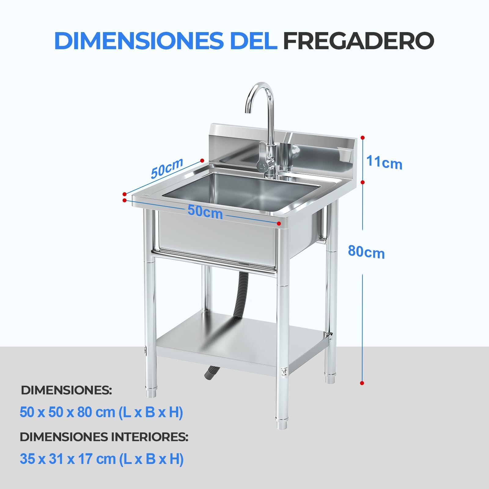 RiveraSink Fregadero Inox Autoportante 50x50 cm 1 Cubeta Exterior | Acero Inoxidable, Salpicadero Trasero, Grifo Incluido, 1 Cubeta Amplia, Patas Regulables, Kit de Desagüe, Uso Exterior