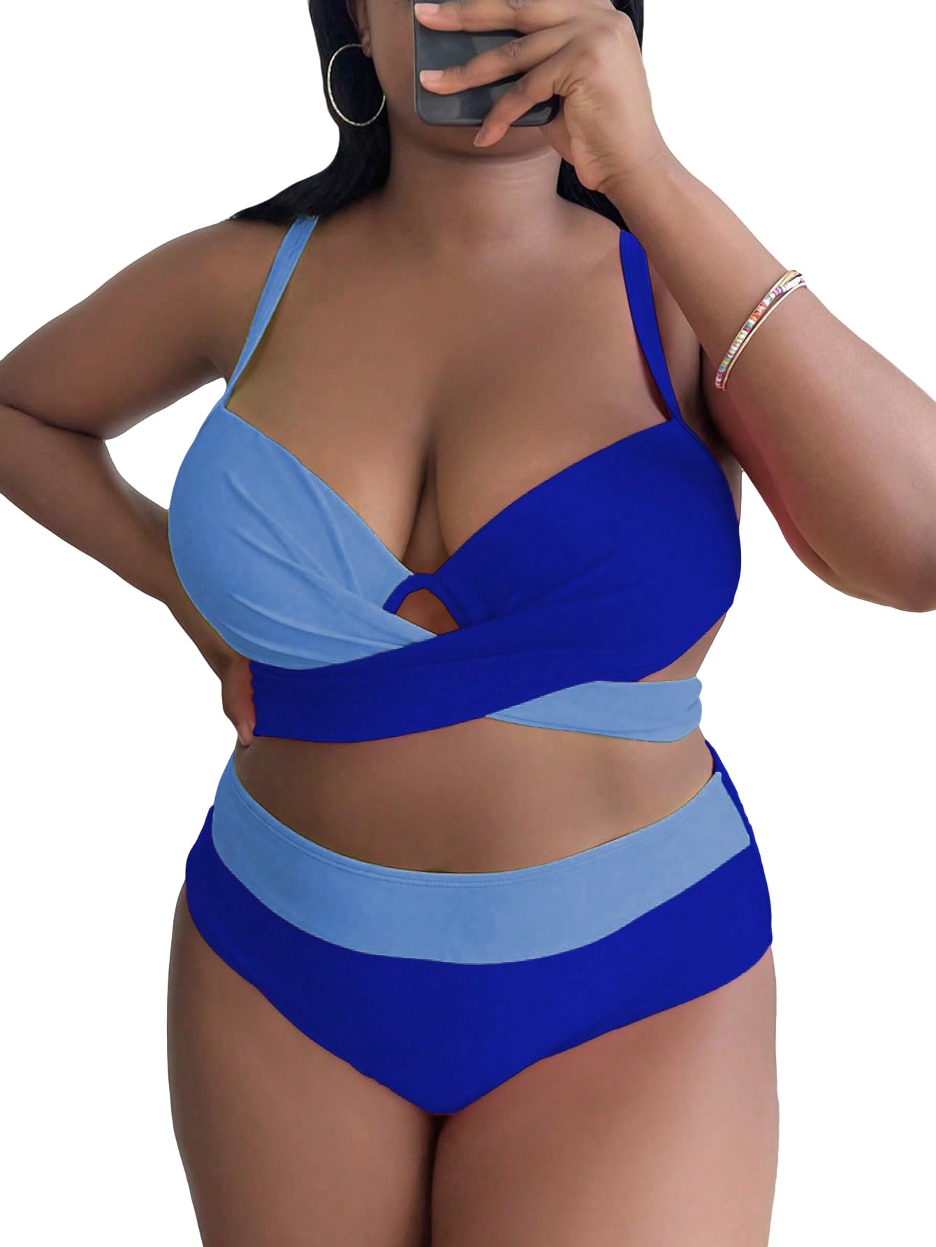 Milumia Women's Plus Size Color Block Swimsuits 2 Piece Wrap Push Up High Waist Bikini Sets