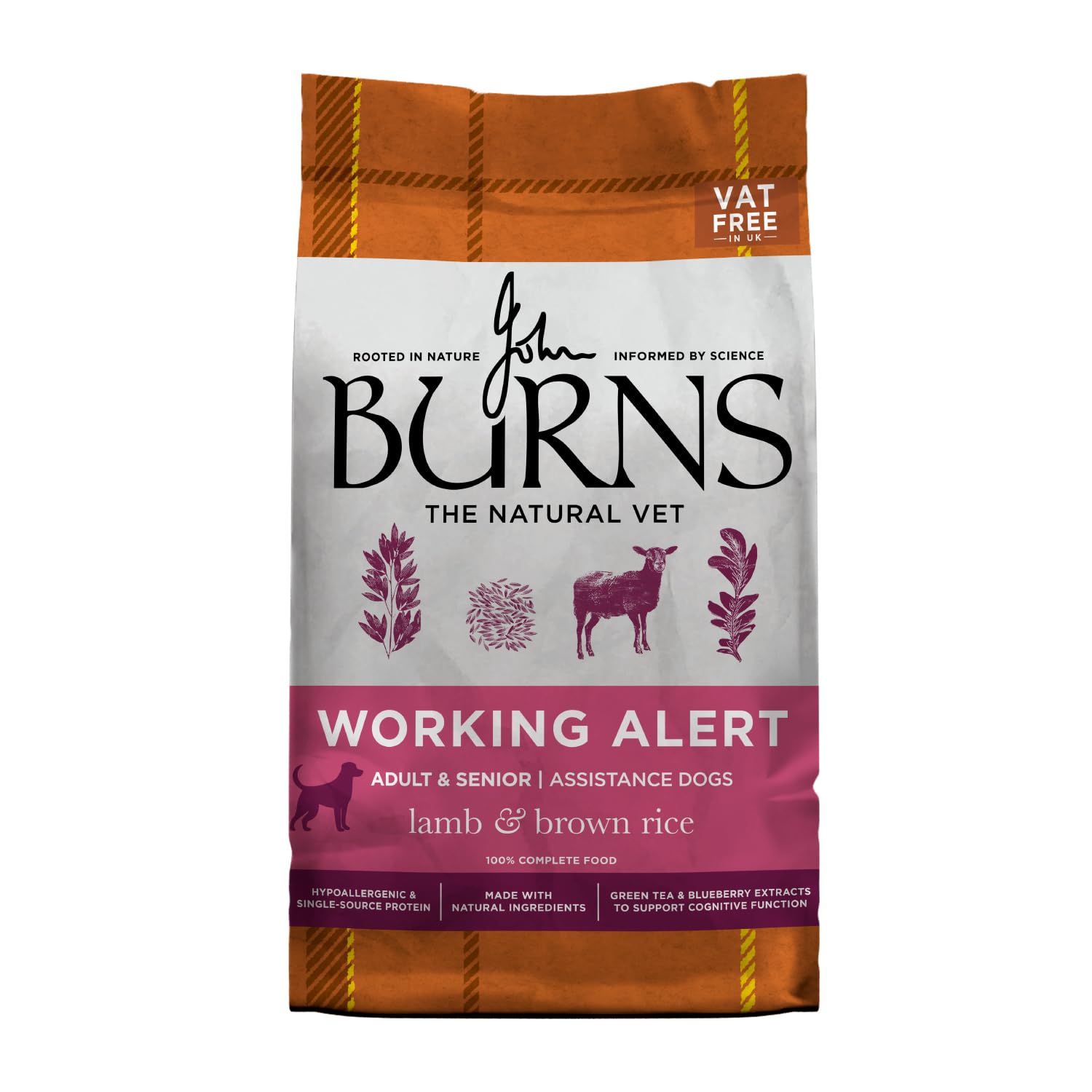 Burns Pet Nutrition Hypoallergenic Complete Dry Dog Food Adult and Senior Dog Alert Lamb and Brown Rice 12 kg