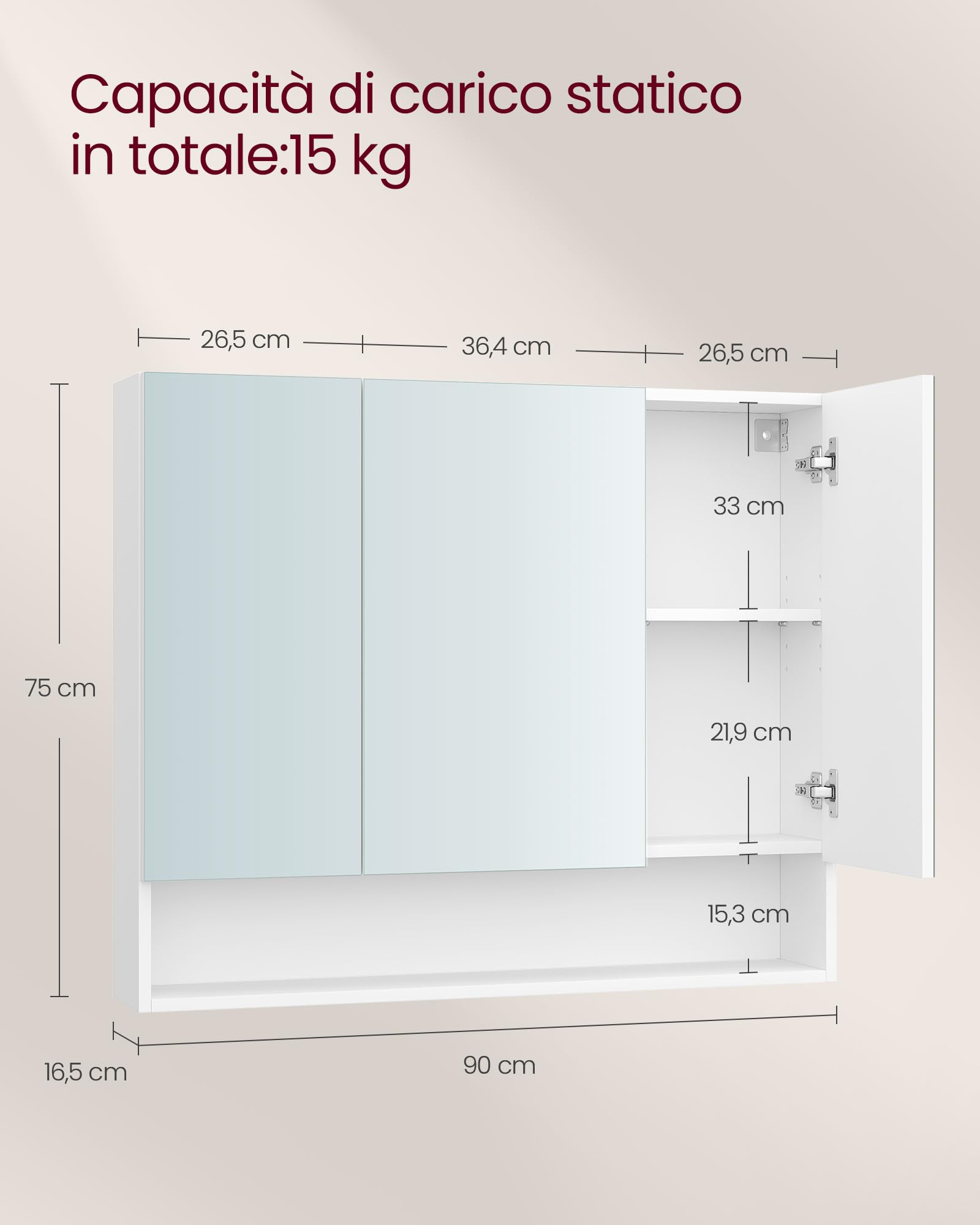 VASAGLE KAILYN Collezione - Armadietto Bagno da Parete con Ante a Specchio, Mobiletto Pensile Bagno, Ripiani Regolabili, Stile Moderno, 16,5 x 90 x 75 cm, Bianco Nuvola BBK130W01