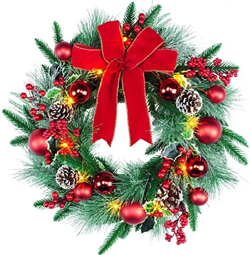 YULETIME 20" Pre-Lit Christmas Wreath, Battery Operated with 10 Fairy Lights Holiday Wreath, Red Bowknot & Baubles, Natural Pine Cones, Red Berries, Green Leaves Holly, Spruce Branches, Pine Needles
