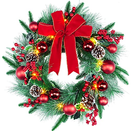 YULETIME 20' Pre-Lit Christmas Wreath, Battery Operated with 10 Fairy Lights Holiday Wreath, Red Bowknot & Baubles, Pine Cones, Red Berries, Green Leaves Holly, Spruce Branches, Pine Needles