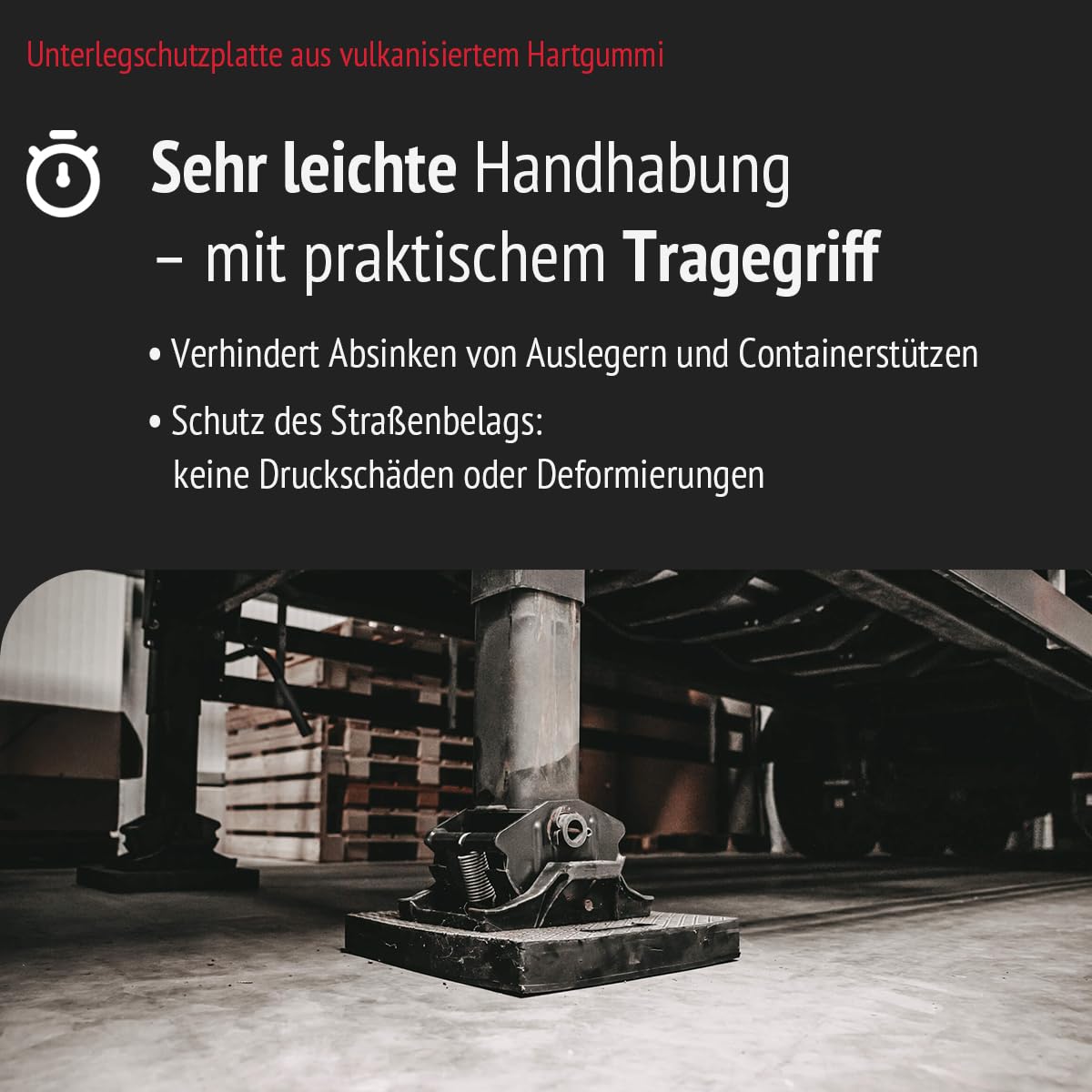 Unterleg-Schutzplatte aus Hartgummi 400x400x50 mm für Stützfüße und Ausleger | Unterlegplatte für Kran, Container, Gerüstbau, LKW