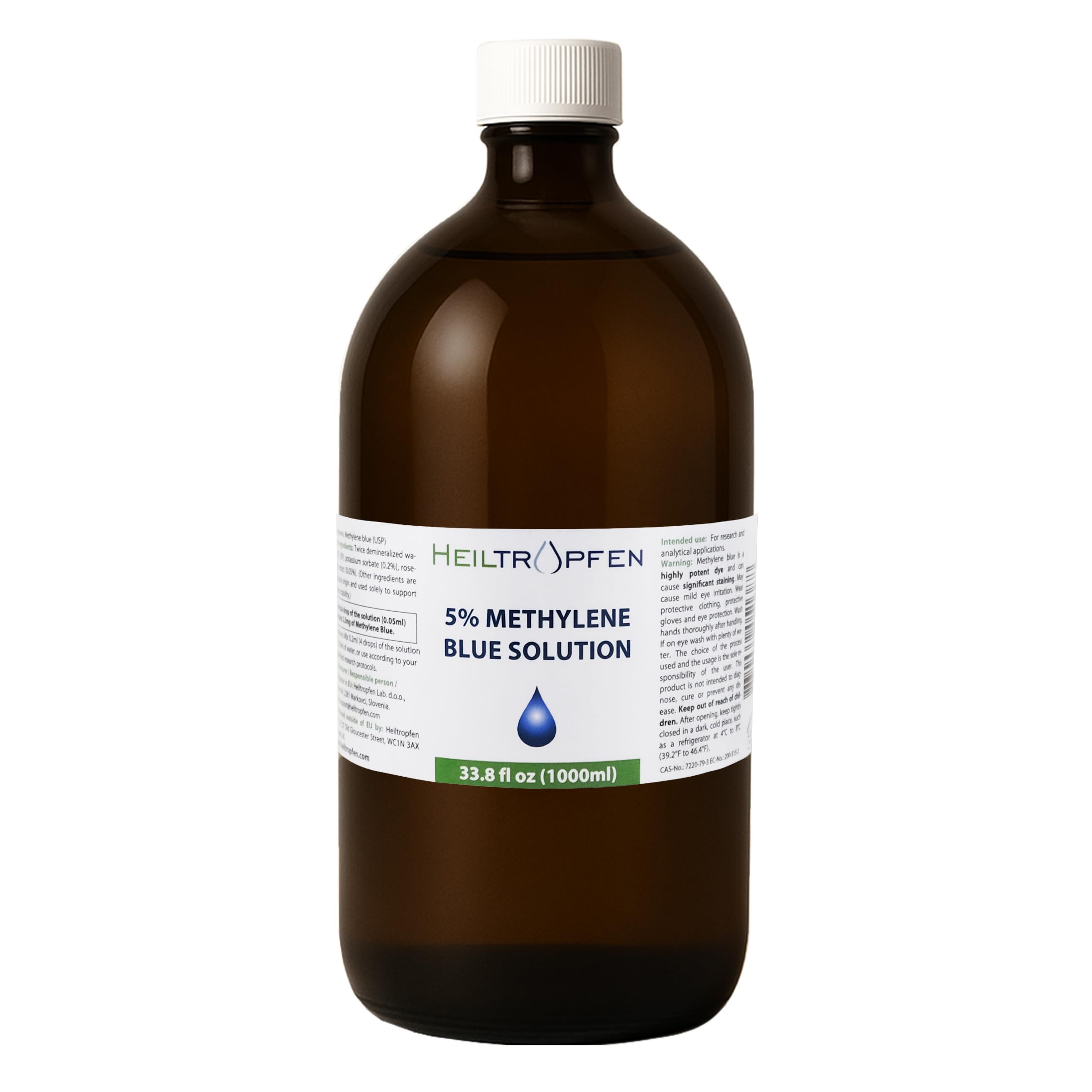 Solución de azul de metileno al 5%, 1000 ml | Ultraalta pureza | Ingredientes de grado farmacéutico USP - Probado por terceros | Sin formaldehído | Envase de vidrio | Heiltropfen