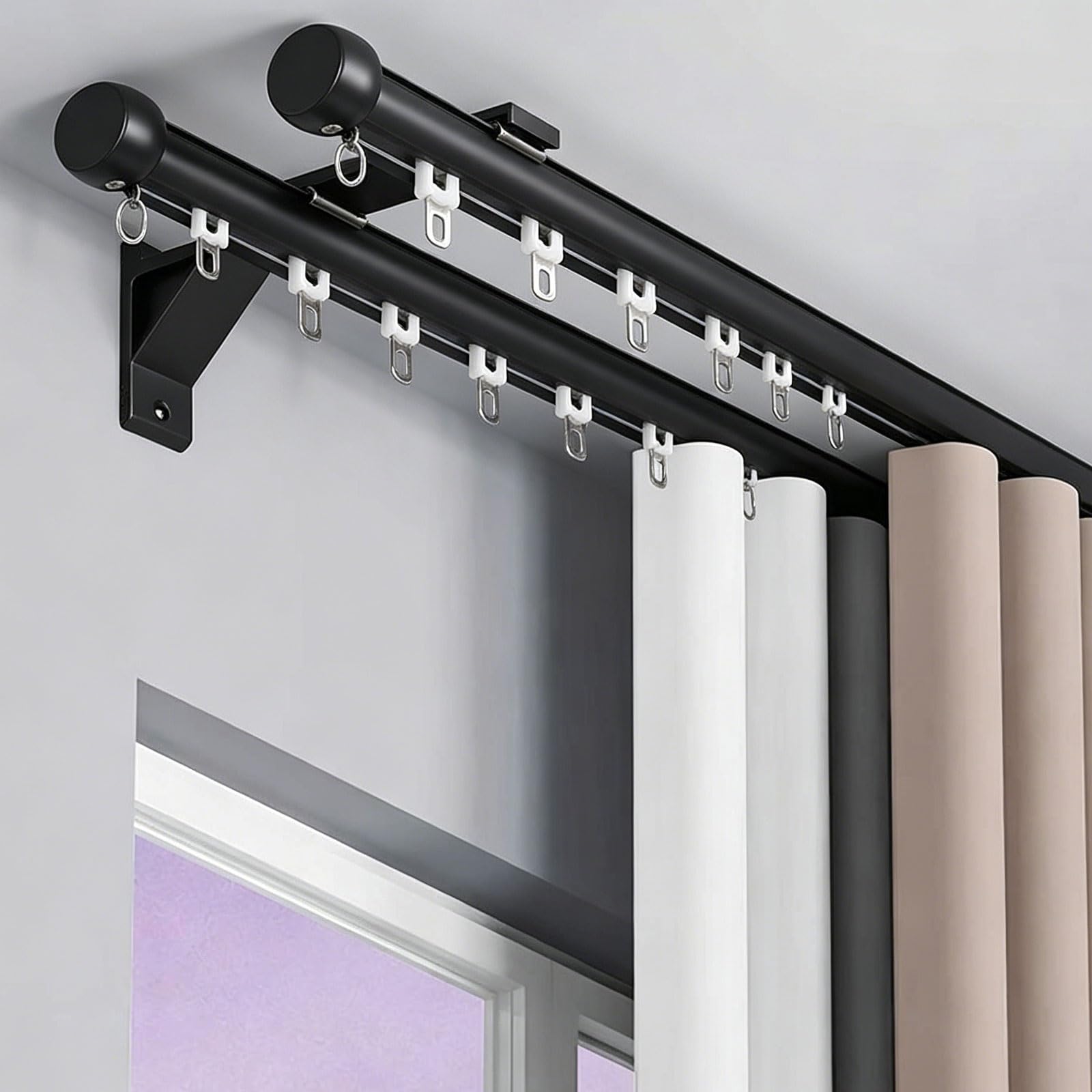 Double Curtain Track Rod, Wall Mount Heavy-Duty Aluminum Double Track Curtain Rail with Silent Rollers Aluminum Brackets for Bedroom Living Room Kitchen Office(Black,1.3m/4.3ft)