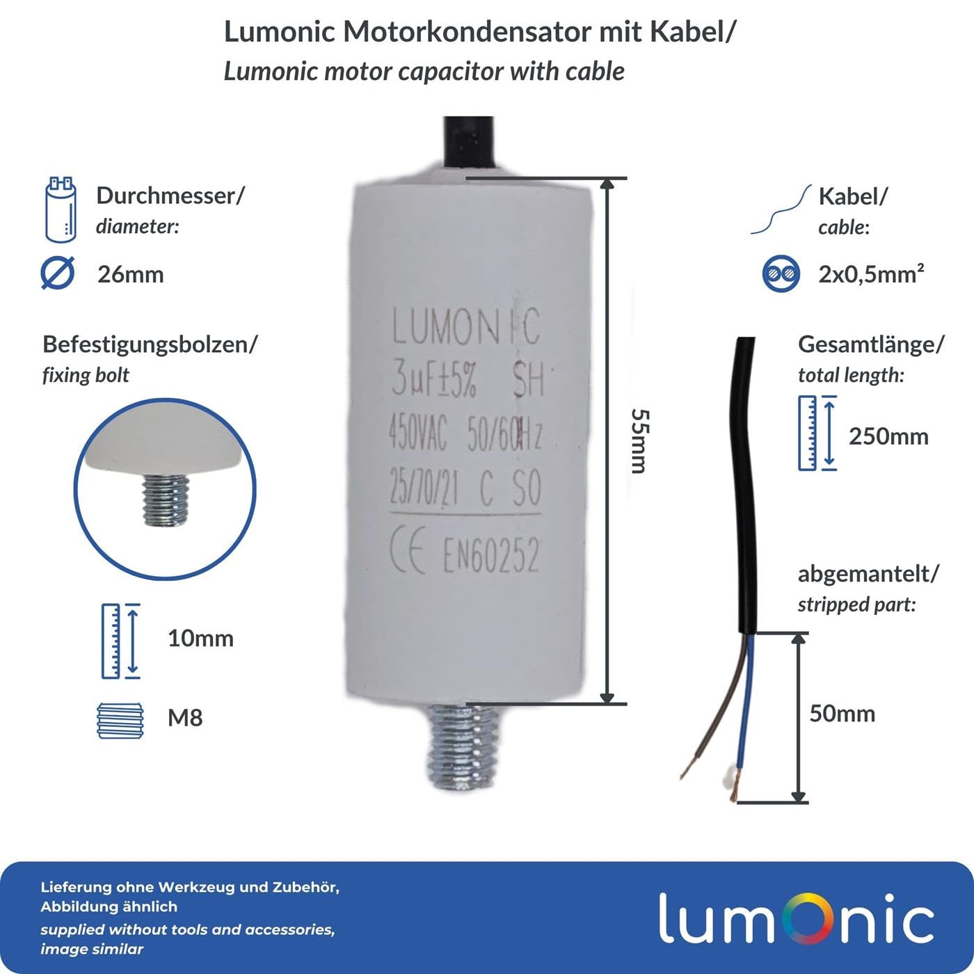 Lumonic Condensador de arranque 3µF 450V 26x55mm para bombas, cortacéspedes, herramientas