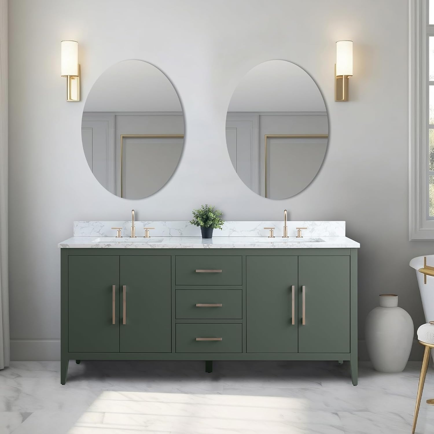 Vanity Art 72 inch Bathroom Vanity with Double Sink & Ceramic Top, Vanity Cabinet with Soft-Closing Doors, Drawers, Solid Wood Frame, Vintage Green, Brushed Nickle Handware