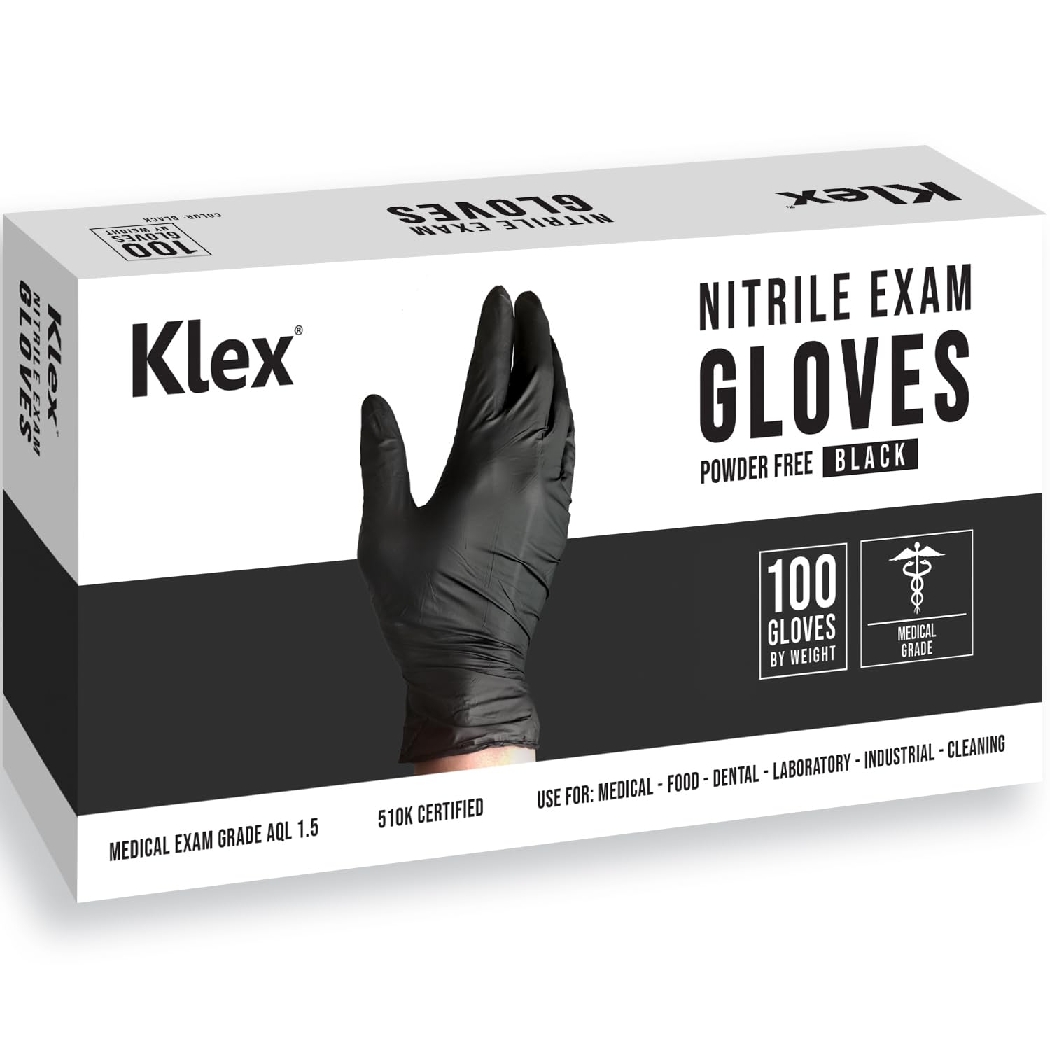 Klex Nitrile Exam Gloves - Medical Grade, Powder & Latex Free, Food Safe, Black, 100, 1000 Count, S, M, L, XL
