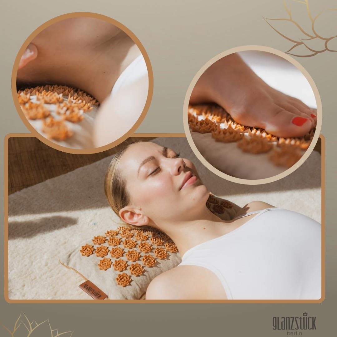 Glanzstück Berlin Health Collection XL Akupressurmatte Set ORIGINAL aus Leinen Massagematte mit Kissen Wärmefunktion Tasche