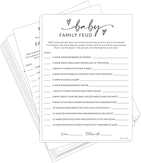 HerZii Prints Baby Shower Family Feud Game Cards, 50 Pack Baby Shower Game Cards with Answer Sheet, Minimalist Design (Baby Family Feud)