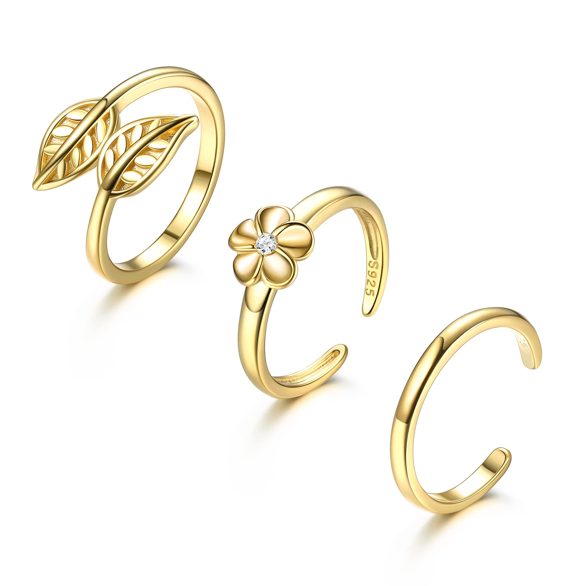 3PCS 925 Sterling Silver Toe Rings for Women CZ Flower Leaf Toe Rings Plain Open Adjustable Toe Rings Set Minimalistic Foot Jewelry