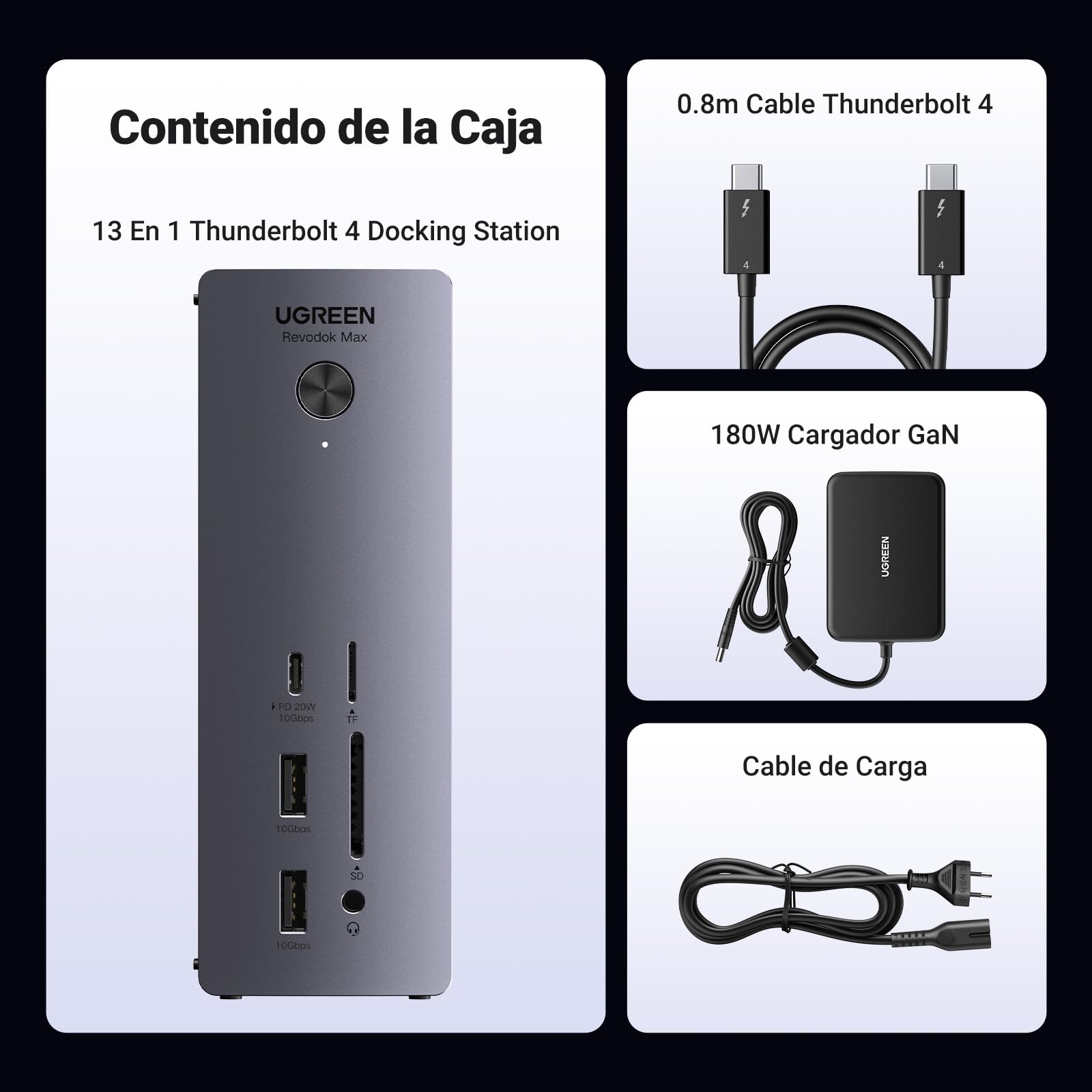 UGREEN Revodok MAX 213 Thunderbolt 4 Docking Station 13 en 1 Doble Pantalla | 2 TBT4, 1 DisplayPort, 40Gbps, Doble 4K60Hz, Único 8K30Hz, 4A1C, RJ45 2.5GbE, SD TF, Carga 90W, DC 180W, Audio 3,5 mm