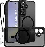 USTIYA Magnética Capa para Samsung Galaxy S25 5G Case Matte Acrílico Uso Resistente Protetora de Câmera Capa Acessórios para Celular com Cordão Preto FGCX