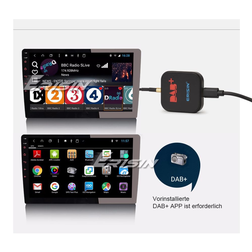 Erisin DAB Plus Ricevitore Radio Digitale Tuner Box con amplificatore MCX Antenna DAB per Android 8/9/10/11/12/13 o superiore autoradio Porta USB